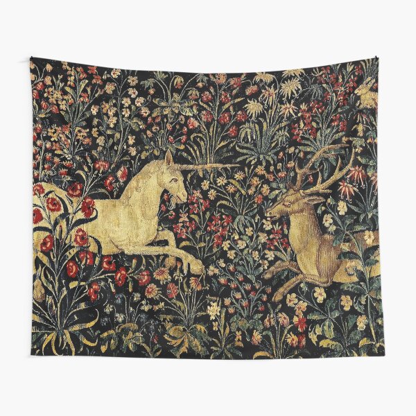 Medieval Unicorn Midnight Floral Fantasy Tapestry 2